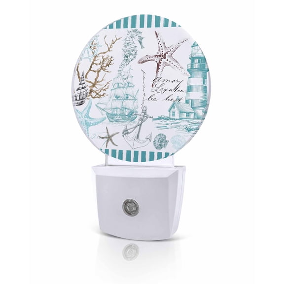 Night Lights Auto Sensor Nautical Sailboat Night Light Lighthouse Anchor Starfish Turquoise Stripe Round Lamp Plug-in LED Nightlights Dusk to Dawn for Living Room Bedroom Hallway Home Wall Decor