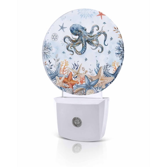 Night Lights Auto Sensor Ocean Octopus Night Light Coastal Starfish Coral Shell Round Lamp Plug-in LED Nightlights Dusk to Dawn for Living Room Bedroom Bathroom Hallway Home Wall Decor