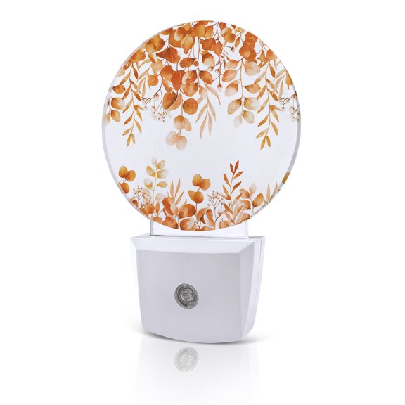 Night Lights Auto Sensor Orange Eucalyptus Leaves Night Light Nature Leaf Plant Round Lamp Plug-in LED Nightlights Dusk to Dawn for Living Room Bedroom Bathroom Hallway Home Wall Decor