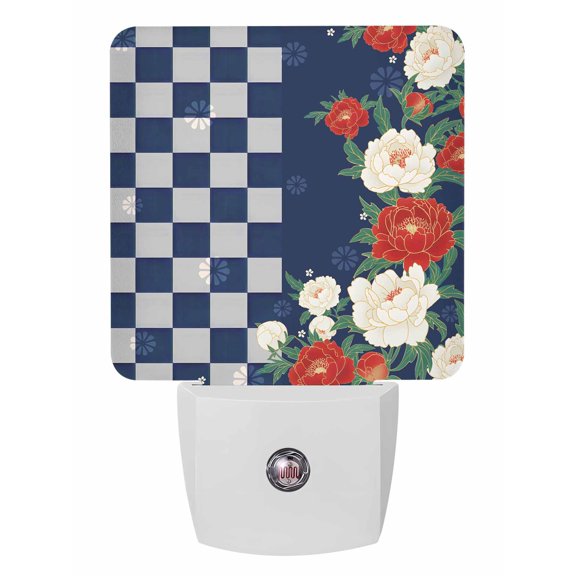 Night Lights Auto Sensor Peony Plug-in LED Nightlights Lamp Dusk to Dawn for Living Room, Bedroom, Bathroom, Hallway, Stairways Home Wall Decor, Harmony Japanese Blue Check Buffalo Plaid Night Light