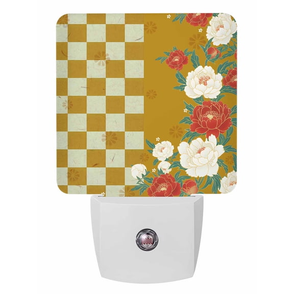 Night Lights Auto Sensor Peony Plug-in LED Nightlights Lamp Dusk to Dawn for Living Room, Bedroom, Bathroom, Hallway, Stairways Home Wall Decor, Harmony Japanese Yellow Buffalo Plaid Night Light