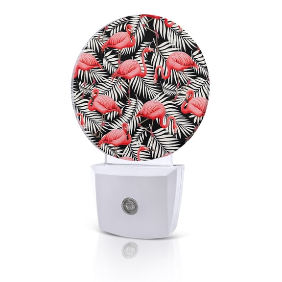 Night Lights Auto Sensor Pink Flamingo Night Light Black Tropical Palm Leaves Plant Round Lamp Plug-in LED Nightlights Dusk to Dawn for Living Room Bedroom Bathroom Hallway Home Wall Decor