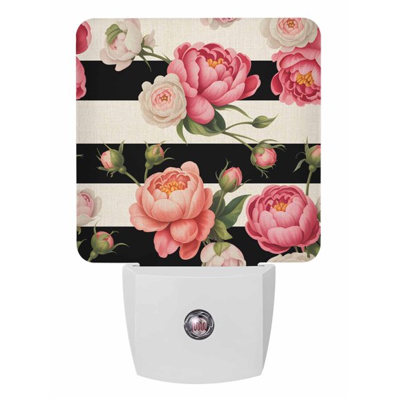 Night Lights Auto Sensor Pink Peony Rose Plug-in LED Nightlights Lamp Dusk to Dawn for Living Room, Bedroom, Bathroom, Hallway, Stairways Home Wall Decor, Floral Black Stripes Linen Night Light