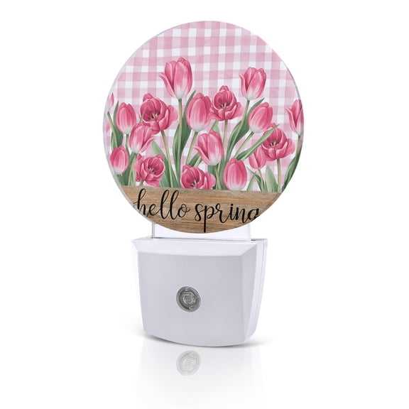 Night Lights Auto Sensor Pink Tulip Flower Night Light Hello Spring Floral Buffalo Plaid Round Lamp Plug-in LED Nightlights Dusk to Dawn for Living Room Bedroom Bathroom Hallway Home Wall Decor