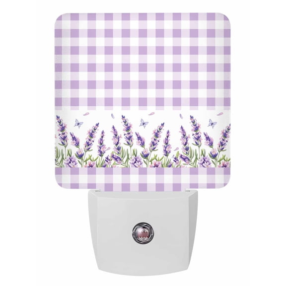 Night Lights Auto Sensor Purple Lavender Plug-in LED Nightlights Lamp Dusk to Dawn for Living Room, Bedroom, Bathroom, Stairways Wall Decor, Spring Flower Butterfly Buffalo Plaid Night Light