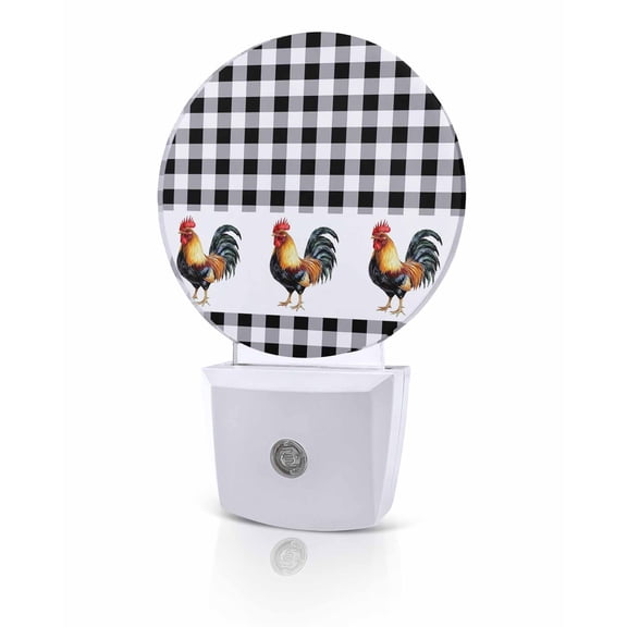 Night Lights Auto Sensor Rooster Night Light Farm Animal Black Plaid Round Lamp Plug-in LED Nightlights Dusk to Dawn for Living Room Bedroom Bathroom Hallway Home Wall Decor