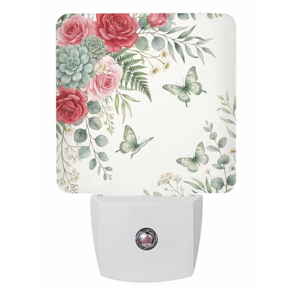 Night Lights Auto Sensor Roses Butterfly Plug-in LED Nightlights Lamp Dusk to Dawn for Living Room, Bedroom, Bathroom, Hallway, Stairways Home Wall Decor, Green Ferns Eucalyptus Leaves Night Light