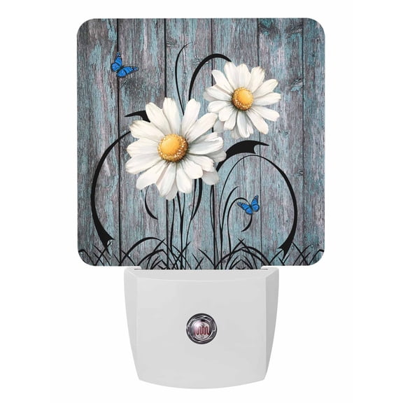 Night Lights Auto Sensor Rustic Daisy Plug-in LED Nightlights Lamp Dusk to Dawn for Living Room, Bedroom, Bathroom, Hallway, Stairways Home Wall Decor, Yellow Sunflower Blue Wood Grain Night Light