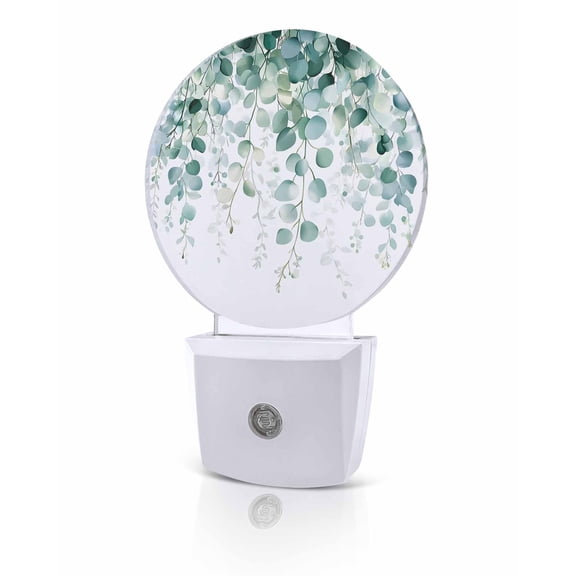 Night Lights Auto Sensor Sage Green Eucalyptus Leaves Night Light Leaf Plant Round Lamp Plug-in LED Nightlights Dusk to Dawn for Living Room Bedroom Bathroom Hallway Home Wall Decor