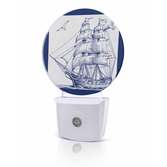 Night Lights Auto Sensor Sailing Boat Seagull Night Light Blue Ocean Navigation Round Lamp Plug-in LED Nightlights Dusk to Dawn for Living Room Bedroom Bathroom Hallway Home Wall Decor