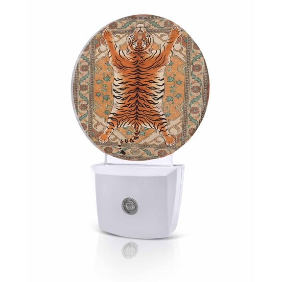 Night Lights Auto Sensor Striking Tiger Night Light Brown Bohemian Flower Animal Print Round Lamp Plug-in LED Nightlights Dusk to Dawn for Living Room Bedroom Bathroom Hallway Home Wall Decor