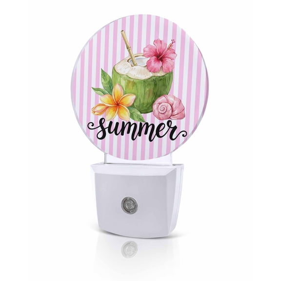 Night Lights Auto Sensor Summer Coconuts Night Light Shell Flower Pink Stripes Round Lamp Plug-in LED Nightlights Dusk to Dawn for Living Room Bedroom Bathroom Hallway Home Wall Decor