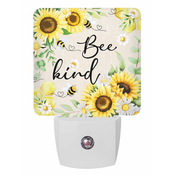 Night Lights Auto Sensor Sunflower Bee Kind Plug-in LED Nightlights Lamp Dusk to Dawn for Living Room, Bedroom, Bathroom, Stairways Wall Decor, Watercolor Floral Green Leaves Linen Night Light