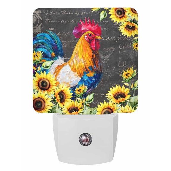Night Lights Auto Sensor Sunflower Rooster Plug-in LED Nightlights Lamp Dusk to Dawn for Living Room, Bedroom, Bathroom, Hallway, Stairways Home Wall Decor, Farm Animal Black Text Night Light