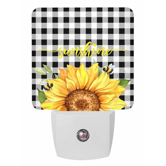 Night Lights Auto Sensor Sunshine Sunflower Plug-in LED Nightlights Lamp Dusk to Dawn for Living Room, Bedroom, Bathroom, Hallway, Stairways Home Wall Decor, Bee Black Buffalo Plaid Night Light
