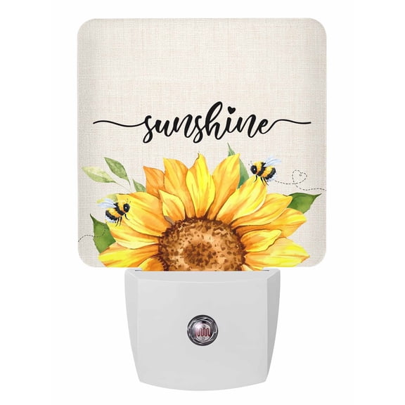 Night Lights Auto Sensor Sunshine Sunflower Plug-in LED Nightlights Lamp Dusk to Dawn for Living Room, Bedroom, Bathroom, Hallway, Stairways Home Wall Decor, Bee Farmhouse Linen Night Light