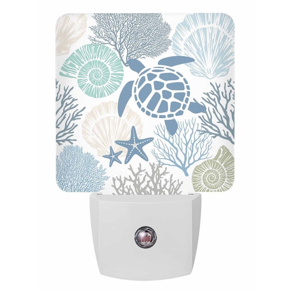 Night Lights Auto Sensor Teal Blue Turtle Plug-in LED Nightlights Lamp Dusk to Dawn for Living Room, Bedroom, Bathroom, Hallway, Stairways Wall Decor, Coastal Starfish Shell Ocean Coral Night Light