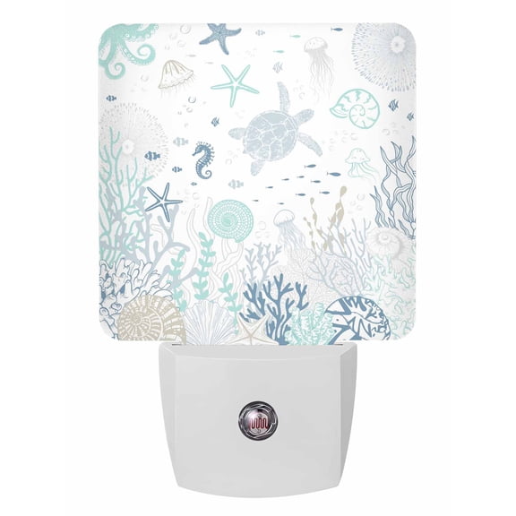 Night Lights Auto Sensor Teal Blue Turtle Shell Plug-in LED Nightlights Lamp Dusk to Dawn for Living Room, Bedroom, Bathroom, Hallway, Stairways Wall Decor, Coral Conch Seaweed Starfish Night Light