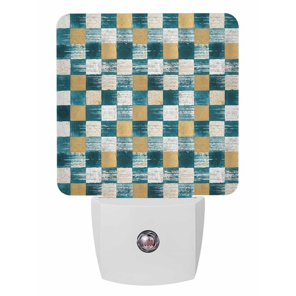 Night Lights Auto Sensor Teal Gold Squares Block Plug-in LED Nightlights Lamp Dusk to Dawn for Living Room, Bedroom, Bathroom, Hallway, Stairways Home Wall Decor, Geometric Checkerboard Night Light