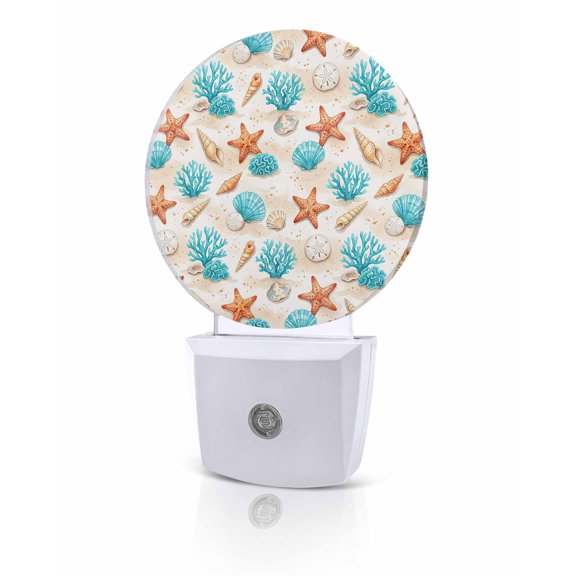 Night Lights Auto Sensor Teal Orange Starfish Night Light Coastal Coral Shell Conch Round Lamp Plug-in LED Nightlights Dusk to Dawn for Living Room Bedroom Bathroom Hallway Home Wall Decor