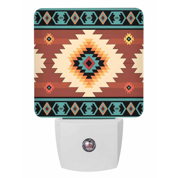 Night Lights Auto Sensor Teal Red Tribal Geometric Plug-in LED Nightlights Lamp Dusk to Dawn for Living Room, Bedroom, Bathroom, Stairways Wall Decor, Vintage Boho Native Abstract Night Light