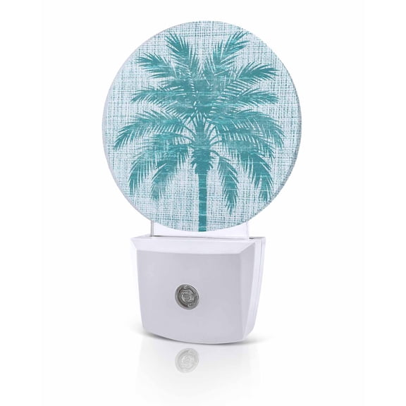 Night Lights Auto Sensor Tropical Palm Tree Night Light Teal Solid Color Linen Round Lamp Plug-in LED Nightlights Dusk to Dawn for Living Room Bedroom Bathroom Hallway Home Wall Decor