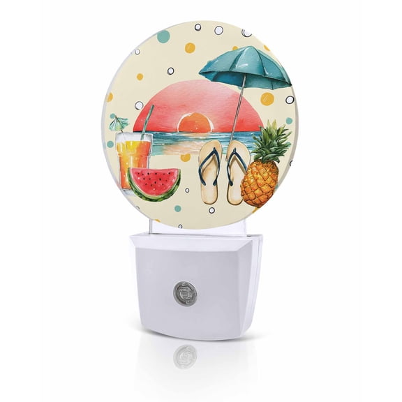 Night Lights Auto Sensor Tropical Summer Beach Sunset Night Light Yellow Pineapple Watermelon Round Lamp Plug-in LED Nightlights Dusk to Dawn for Living Room Bedroom Bathroom Hallway Home Wall Decor