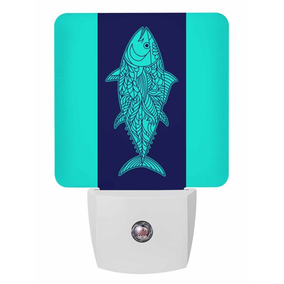 Night Lights Auto Sensor Tuna Fish Plug-in LED Nightlights Lamp Dusk to Dawn for Living Room, Bedroom, Bathroom, Hallway, Stairways Home Wall Decor, Turquoise Navy Blue Stripes Lines Night Light