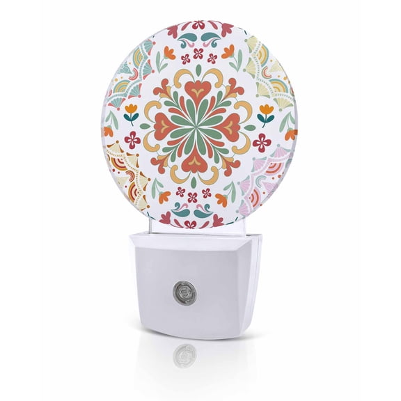 Night Lights Auto Sensor Turkish Pattern Night Light Vintage Abstract Flower Round Lamp Plug-in LED Nightlights Dusk to Dawn for Living Room Bedroom Bathroom Hallway Home Wall Decor