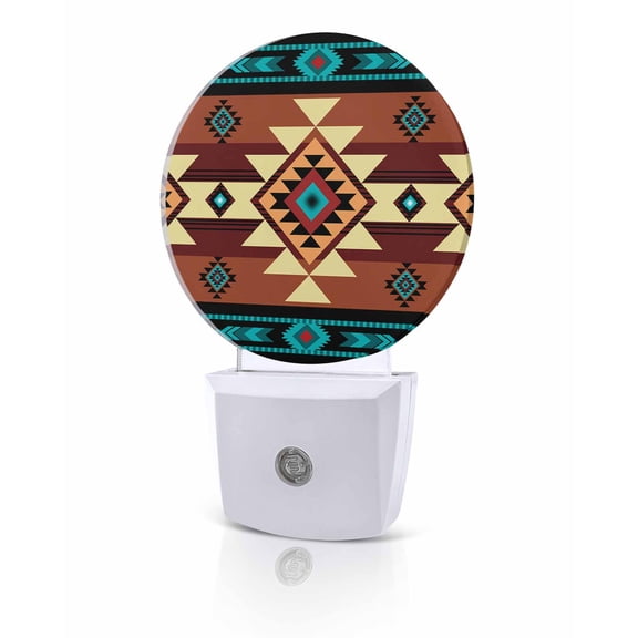 Night Lights Auto Sensor Turquoise Brown Boho Night Light Native Southwest Ethnic Round Lamp Plug-in LED Nightlights Dusk to Dawn for Living Room Bedroom Bathroom Hallway Home Wall Decor