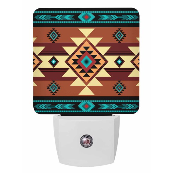 Night Lights Auto Sensor Turquoise Brown Boho Plug-in LED Nightlights Lamp Dusk to Dawn for Living Room, Bedroom, Bathroom, Hallway, Stairways Home Wall Decor, Native Southwest Ethnic Night Light