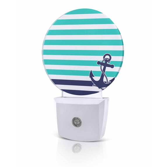 Night Lights Auto Sensor Turquoise Stripes Night Light Navy Blue Nautical Anchor Round Lamp Plug-in LED Nightlights Dusk to Dawn for Living Room Bedroom Bathroom Hallway Home Wall Decor