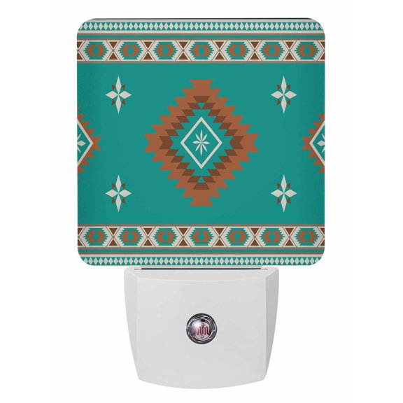 Night Lights Auto Sensor Turquoise Tribal Geometric Plug-in LED Nightlights Lamp Dusk to Dawn for Living Room, Bedroom, Bathroom, Stairways Wall Decor, Vintage Boho Native Abstract Night Light