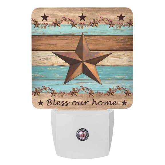 Night Lights Auto Sensor Turquoise Wood Grain Plug-in LED Nightlights Lamp Dusk to Dawn for Living Room, Bedroom, Bathroom, Hallway, Stairways Home Wall Decor, Farmhouses Barn Star Berry Night Light