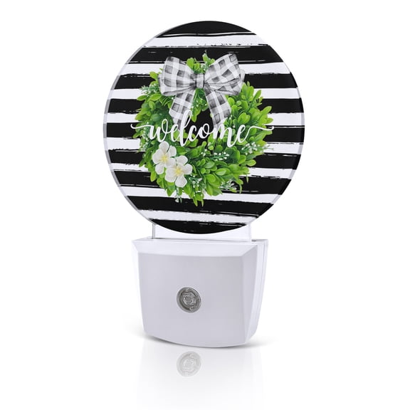 Night Lights Auto Sensor Welcome Bow Tie Wreath Night Light Flower Farmhouse Black Stripes Round Lamp Plug-in LED Nightlights Dusk to Dawn for Living Room Bedroom Bathroom Hallway Home Wall Decor