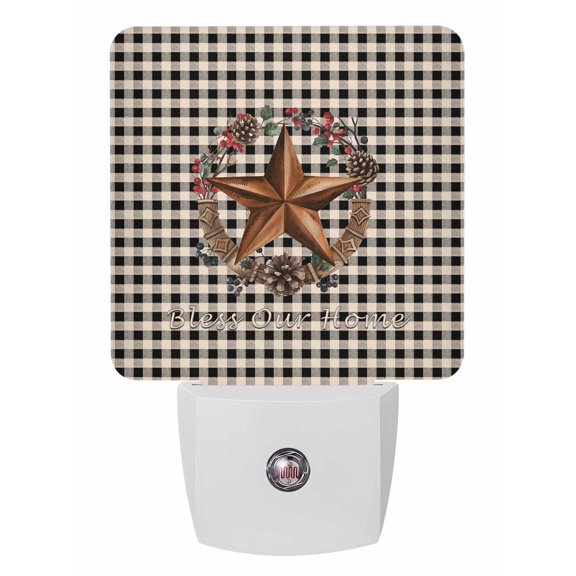 Night Lights Auto Sensor Western Barn Stars Berry Plug-in LED Nightlights Lamp Dusk to Dawn for Living Room, Bedroom, Bathroom, Hallway, Stairways Wall Decor, Bless This Home Black Plaid Night Light