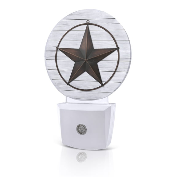 Night Lights Auto Sensor Western Texas Star Barn Night Light Rustic Wood Grain Round Lamp Plug-in LED Nightlights Dusk to Dawn for Living Room Bedroom Bathroom Hallway Home Wall Decor