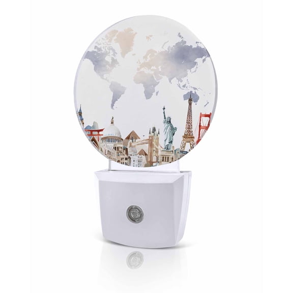 Night Lights Auto Sensor World Map Night Light Famous Building Tourism Landscape Round Lamp Plug-in LED Nightlights Dusk to Dawn for Living Room Bedroom Bathroom Hallway Home Wall Decor