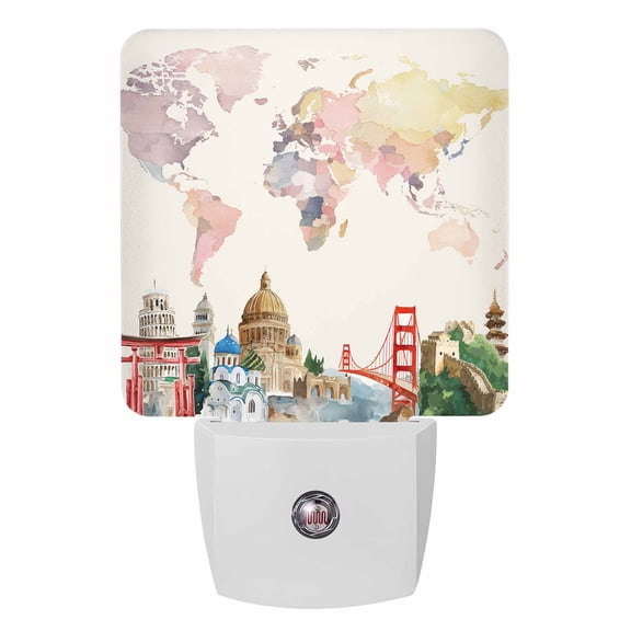 Night Lights Auto Sensor World Map Plug-in LED Nightlights Lamp Dusk to Dawn for Living Room, Bedroom, Bathroom, Hallway, Stairways Home Wall Decor, Famous Building Tourism Bridge Night Light