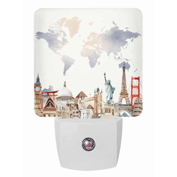 Night Lights Auto Sensor World Map Plug-in LED Nightlights Lamp Dusk to Dawn for Living Room, Bedroom, Bathroom, Hallway, Stairways Home Wall Decor, Famous Building Tourism Landscape Night Light