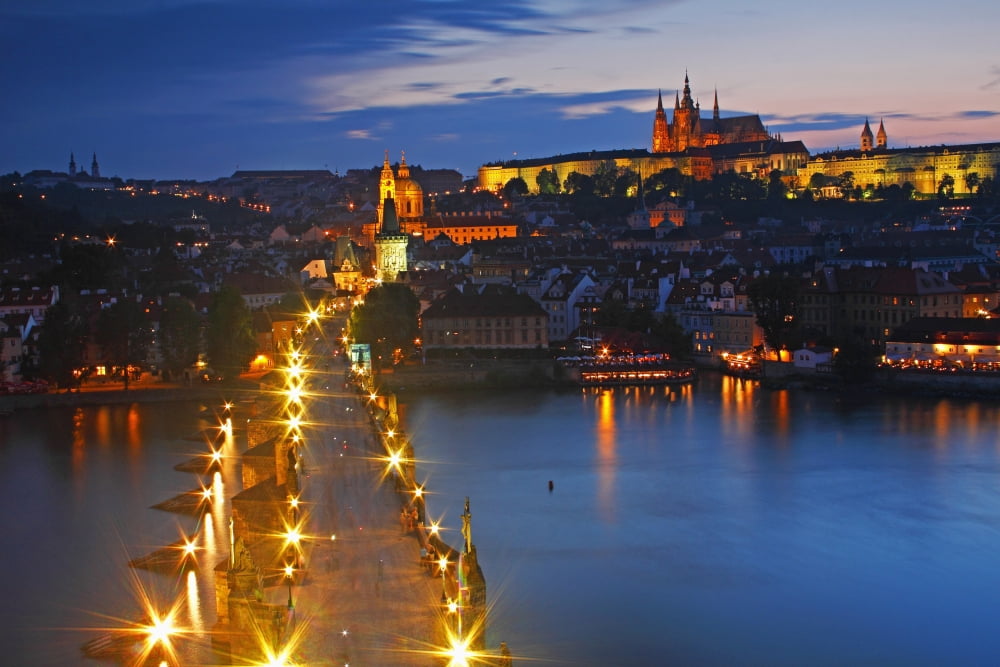 Night Lights Of Charles Bridge Or Karluv Most And Royal Palace On Castle Hill Prague Czech Republic Canvas Art - Trish Punch Design Pics (19 x 12)