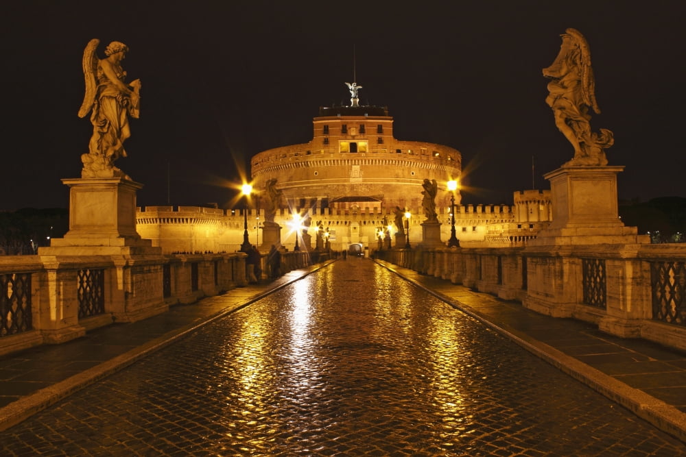 Night Lights Of The Bridge Across The Tiber River To Castel Santangelo Rome Lazio Italy Canvas Art - Trish Punch Design Pics (19 x 12)