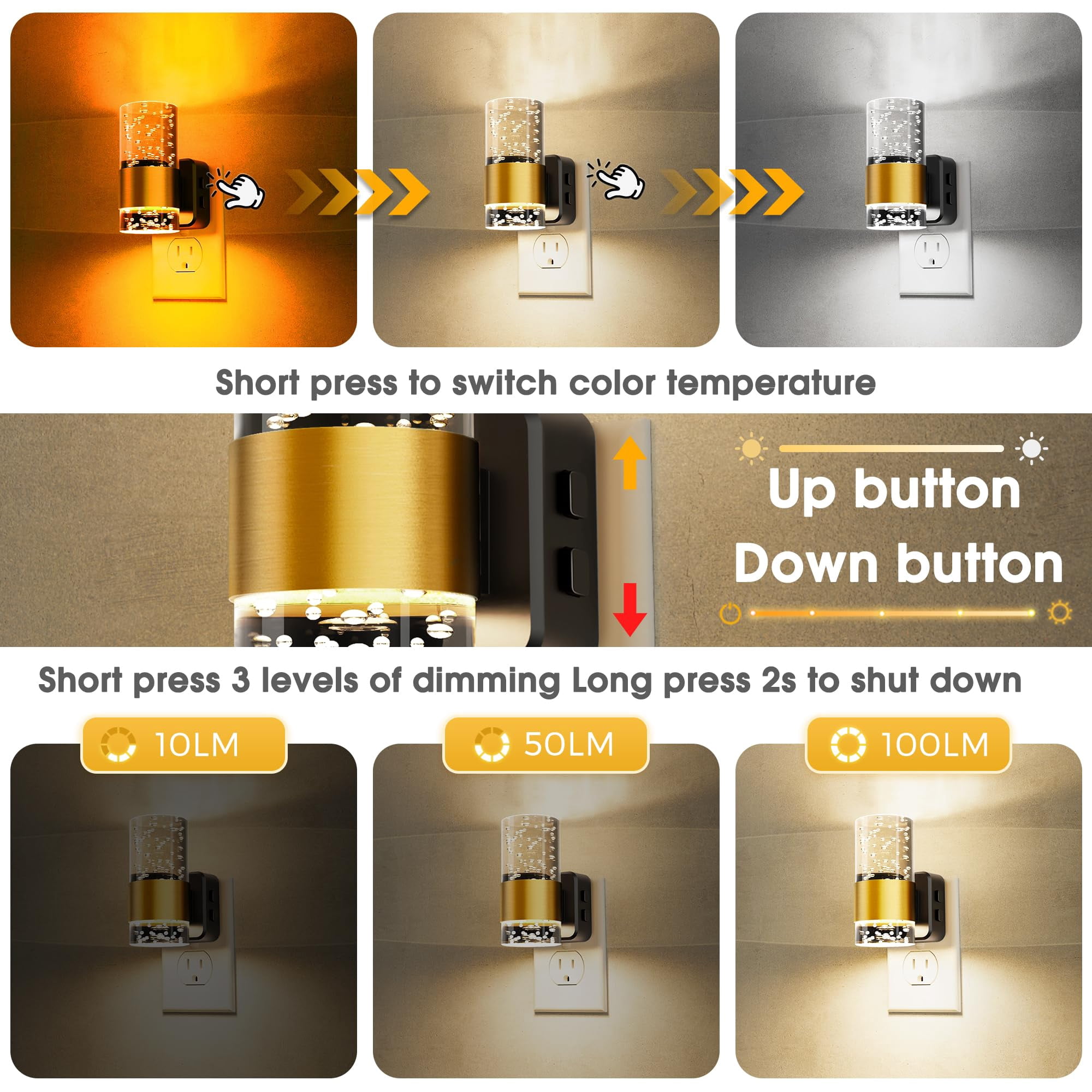 Night Lights Plug Into Wall 2 Pack  Dimmable Light With Dusk-to-dawn Sensor Soft White/cool White/amber 3 Color Adjustable Brightness Rotatable Bubble Nightlight For Hallway