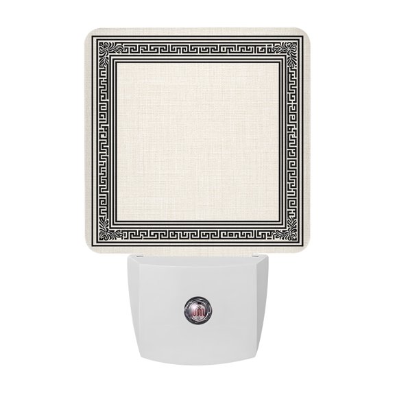 Night Lights Plug into Wall, Black Cream Greek Key LED Night Light with Dusk to Dawn Sensor, Geometric Greece Ancient Rustic Decorative Nightlight for Hallway Bathroom Kitchen
