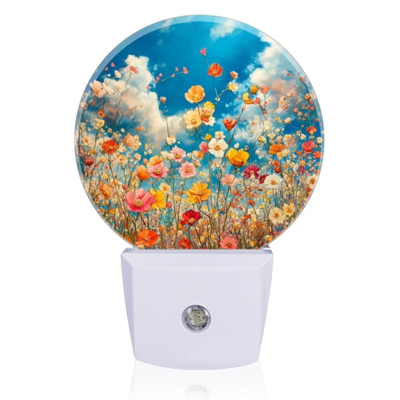 Night Lights Plug Into Wall, Bright Flowers Under Blue Sky And White Clouds LED Night Lights Lamp with Dusk to Dawn Sensor for Kids Room, Bedroom, Bathroom, Kitchen, Hallway