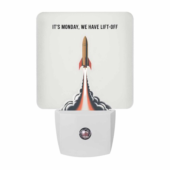 Night Lights Plug into Wall, Cartoon Rockets LED Night Light with Dusk to Dawn Sensor, Letters It's Monday We Have Lift-off Decorative Nightlight for Hallway Bathroom Kitchen