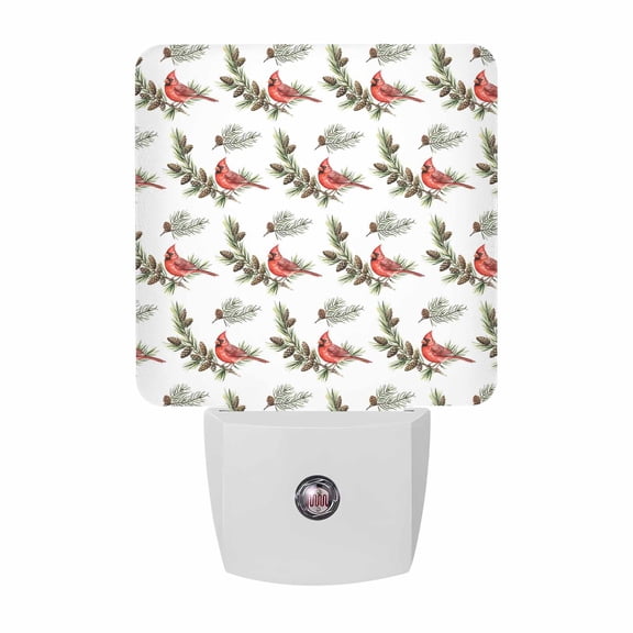 Night Lights Plug into Wall, Christmas Red Cardinal Birds LED Night Light with Dusk to Dawn Sensor, Xmas Pine Branch Cones Rustic Decorative Nightlight for Hallway Bathroom Kitchen