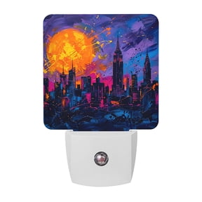 Night Lights Plug into Wall, City Purple LED Night Light with Dusk to Dawn Sensor, Night Scene Modern Cityscape Buildings Abstract Decorative Nightlight for Hallway Bathroom Kitchen