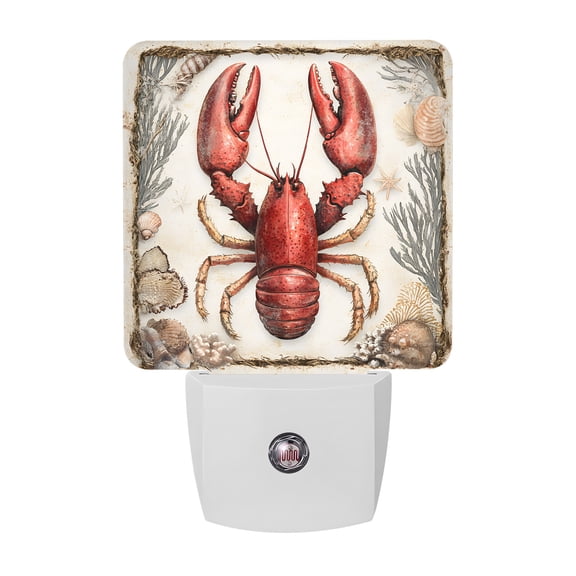Night Lights Plug into Wall, Coastal Lobster LED Night Light with Dusk to Dawn Sensor, Beach Coral Shell Nautical Vintage Decorative Nightlight for Hallway Bathroom Kitchen