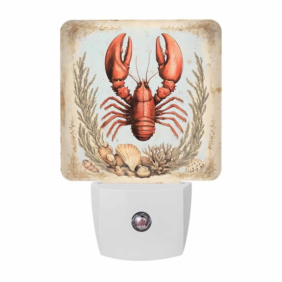 Night Lights Plug into Wall, Coastal Lobster LED Night Light with Dusk to Dawn Sensor, Vintage Beach Coral Shell Nautical Decorative Nightlight for Hallway Bathroom Kitchen
